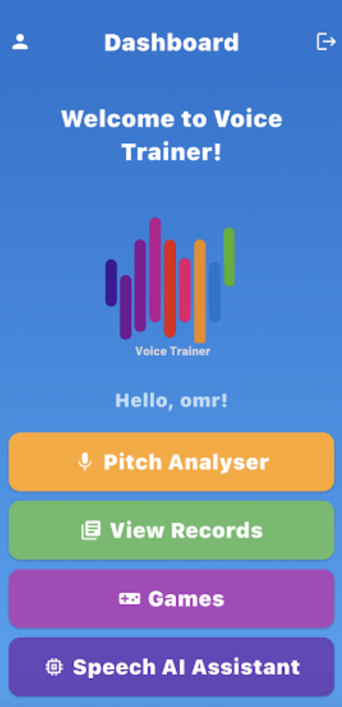 Voice Trainer App Interface showing voice analysis features
